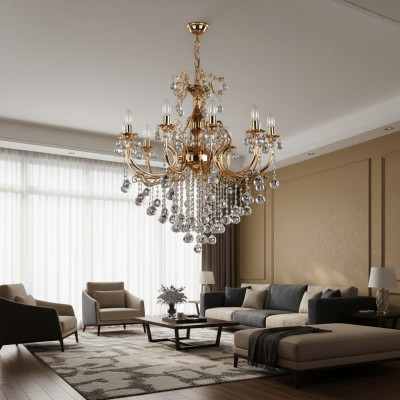 Lámpara de lujo, candelabro, lámpara colgante, lámpara de techo de cristal dorado.
