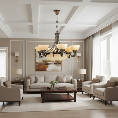 Lámpara de techo moderna de cristal beige con candelabro.