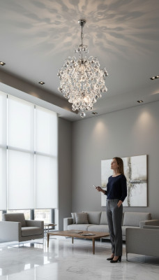 Lámpara de techo de lujo con candelabro de cristal plateado