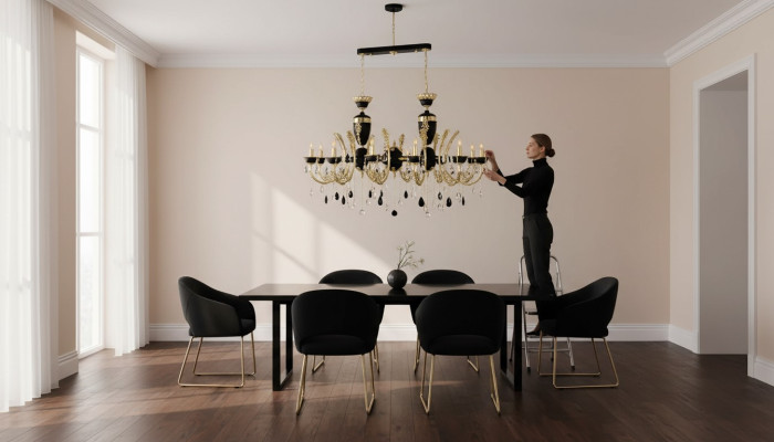Lámpara de techo de lujo, candelabro de cristal negro, lámpara de techolustre de cristal.