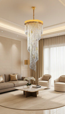 Lámpara de techo de araña de lujo en oro con cristales estilo lustre.
