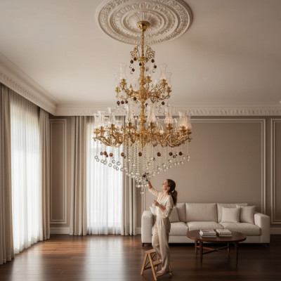 Lámpara de techo de lujo dorada, lámpara de araña de techo de cristal de candelabro 130x280cm