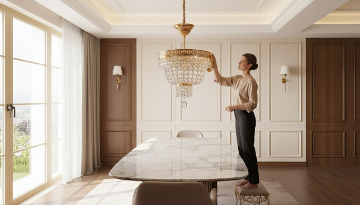 Lámpara de techo de araña de lujo dorada de cristal estilo lustre.