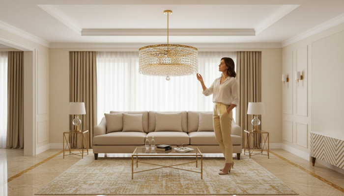 Lujosa lámpara de techo de araña de lujo en oro, lámpara de techo redonda de cristal estilo lustre