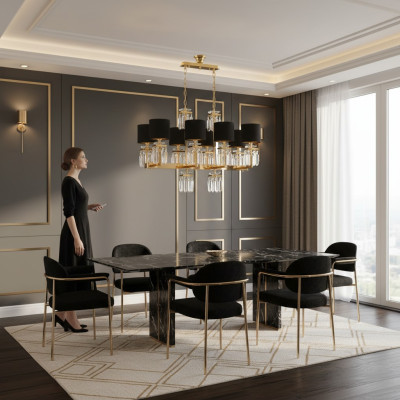 Lámpara de techo candelabro dorado, lámpara de techo lustre de cristal negro