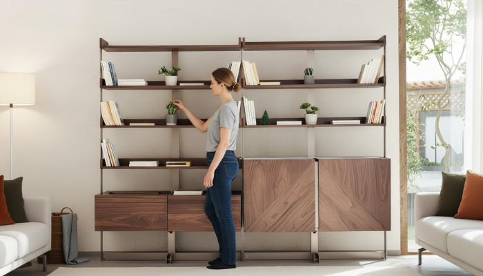 Moderna vitrina de salón, mueble de estantería de pie, muebles de madera maciza marrón estanterías.