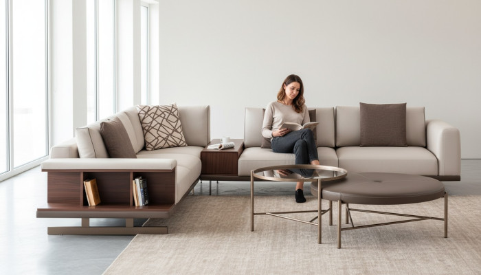 Moderno sofá esquinero beige de lujo en forma de L, sofás de tela, muebles de sala de estar.