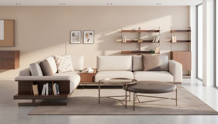 Moderno sofá esquinero beige de lujo en forma de L, sofás de tela, muebles de sala de estar.