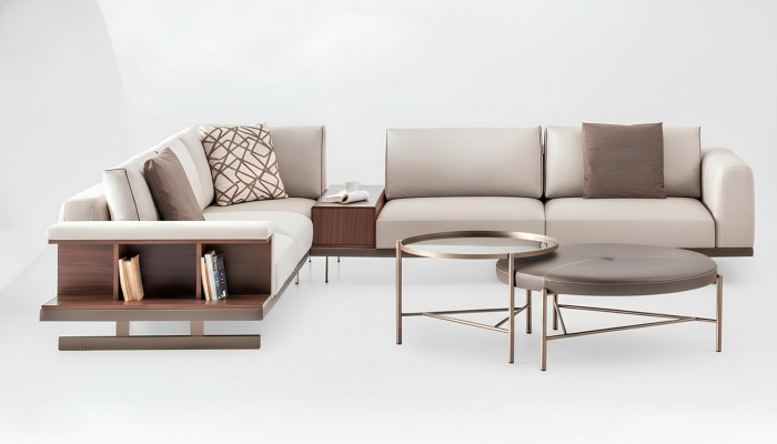 Moderno sofá esquinero beige de lujo en forma de L, sofás de tela, muebles de sala de estar.