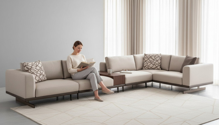 Gran sofá de esquina de tela en forma de L, sofás beige para salón.