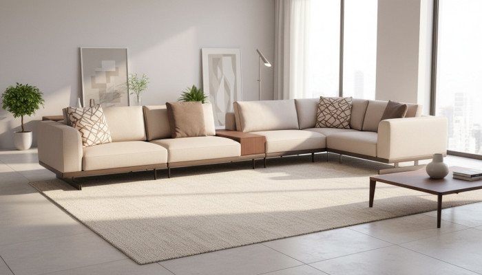 Gran sofá de esquina de tela en forma de L, sofás beige para salón.
