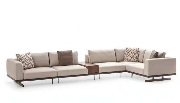 Gran sofá de esquina de tela en forma de L, sofás beige para salón.