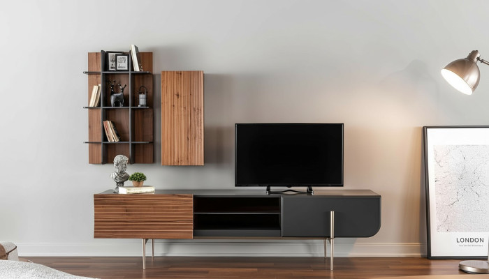 Mueble de televisión RTV, soporte para TV, estantes, aparador de madera marrón moderno para la sala de estar.