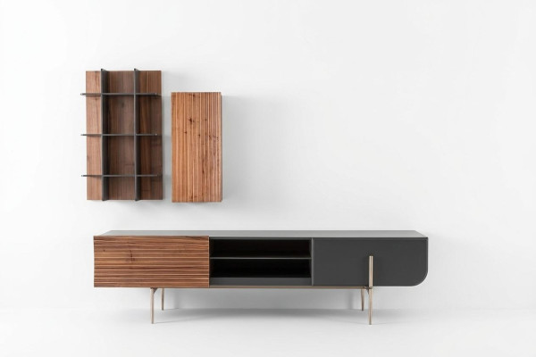 Mueble de televisión RTV, soporte para TV, estantes, aparador de madera marrón moderno para la sala de estar.