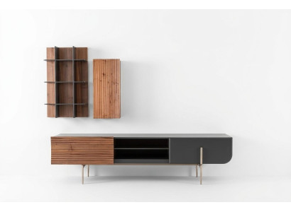 Mueble de televisión RTV, soporte para TV, estantes, aparador de madera marrón moderno para la sala de estar.