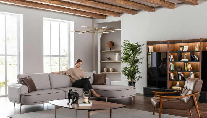 Sofá de tela esquina en forma de L Sofás de tela gris modernos para la sala de estar.