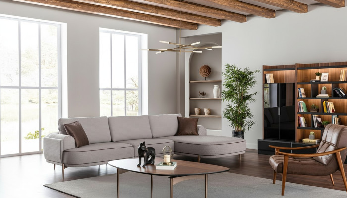 Sofá de tela esquina en forma de L Sofás de tela gris modernos para la sala de estar.