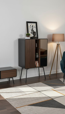 Mueble aparador retro y armario de bar para la sala de estar en madera color marrón.