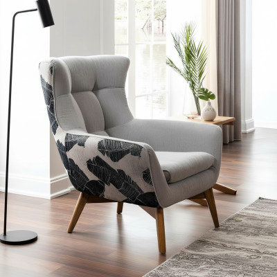 Sillón sillón de cocktail de poltrona, asiento de diseño moderno de tela gris.