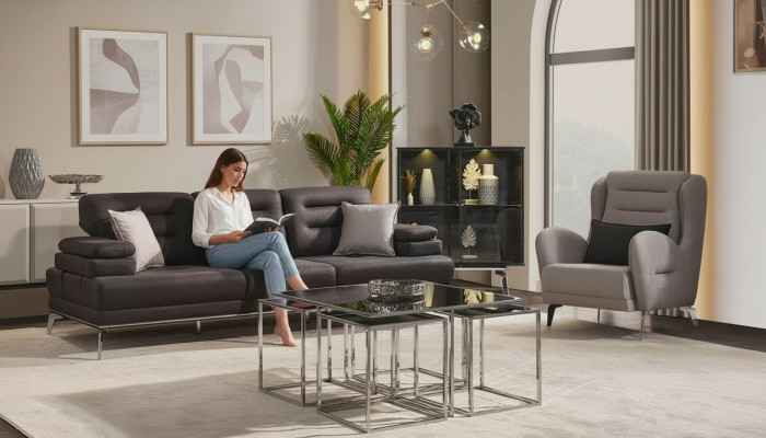 Juego de sofá de 3 plazas Conjunto de sofás Sillón Tejido Negro Moderno Set