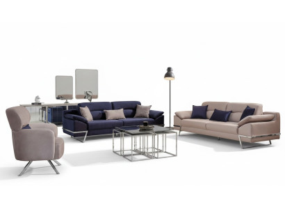 Conjunto de sofás de lujo 3 plazas Sofá de 3 plazas Sillón Tela Azul Moderno