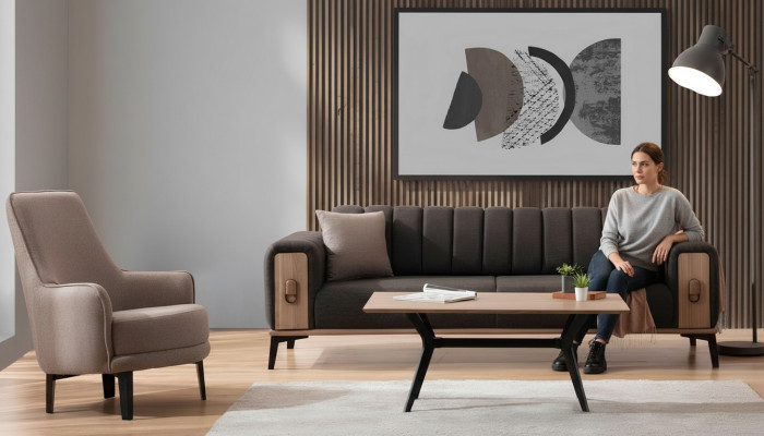 Sofá noble de diseño moderno de tres plazas y sillón, sofás de lujo mobiliario.