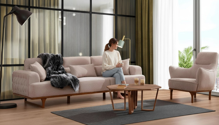 Conjunto de sofás beige de tres plazas Sillón Sillón de lujo Beige Muebles modernos