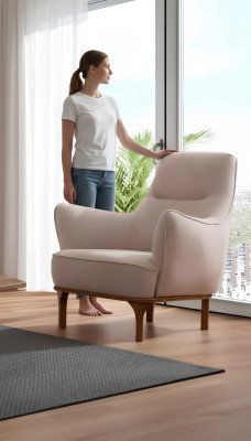 Silla moderna sillón coctelera sillón orejero muebles de diseño beige muebles de madera.