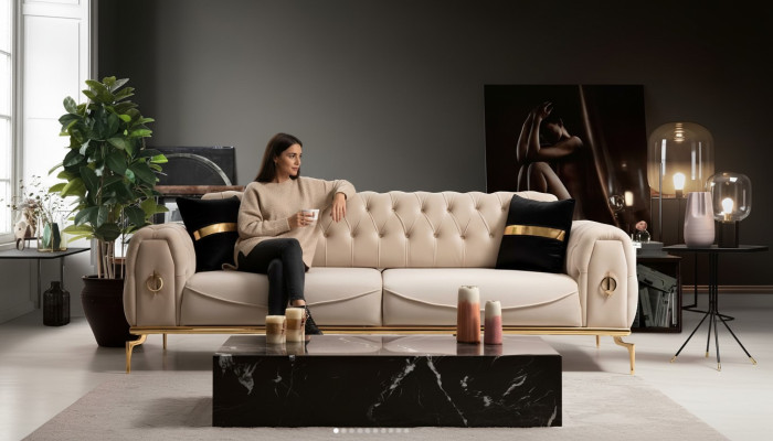 Moderno sofá Chesterfield de tres plazas muebles de tela muebles de acero inoxidable sofá.