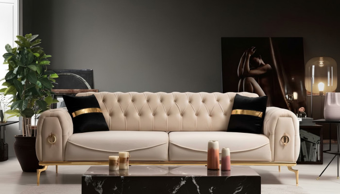 Moderno sofá Chesterfield de tres plazas muebles de tela muebles de acero inoxidable sofá.
