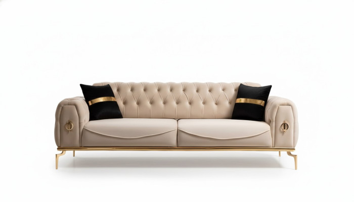 Moderno sofá Chesterfield de tres plazas muebles de tela muebles de acero inoxidable sofá.