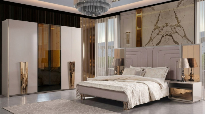 Conjunto de cama doble beige de lujo de madera moderna para dormitorio, juego de 3 piezas.