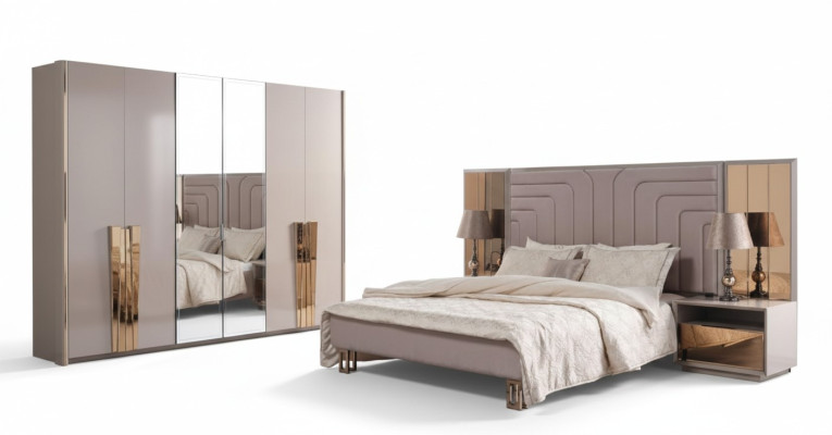 Conjunto de cama doble beige de lujo de madera moderna para dormitorio, juego de 3 piezas.
