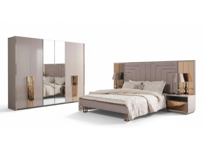 Conjunto de cama doble beige de lujo de madera moderna para dormitorio, juego de 3 piezas.