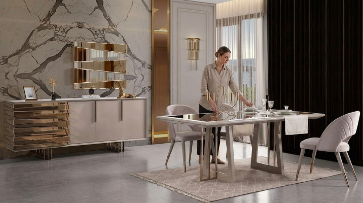 Comedor de lujo, conjunto de comedor, comedor, mesa de comedor, sillas, beige, juego de madera de 8 piezas.