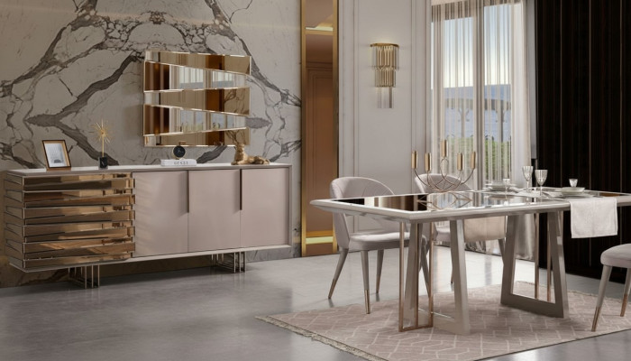Comedor de lujo, conjunto de comedor, comedor, mesa de comedor, sillas, beige, juego de madera de 8 piezas.