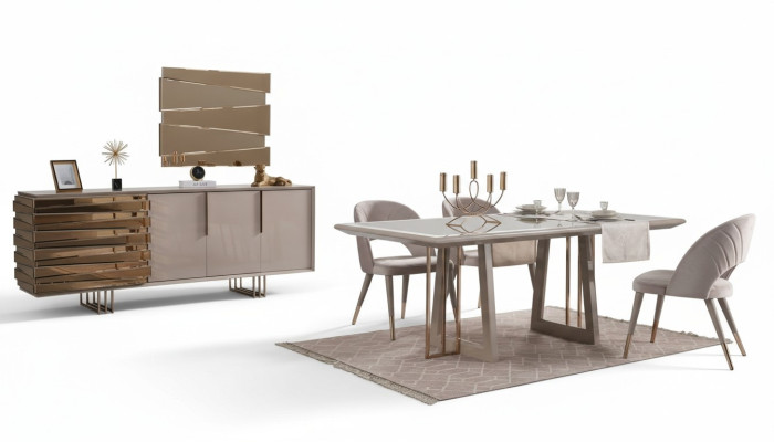 Comedor de lujo, conjunto de comedor, comedor, mesa de comedor, sillas, beige, juego de madera de 8 piezas.