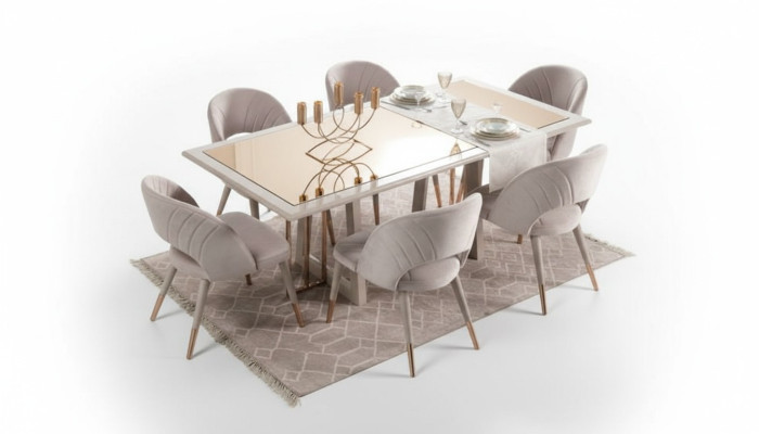 Muebles de comedor, conjunto de comedor de 7 piezas, mesa de comedor, sillas beige de madera.