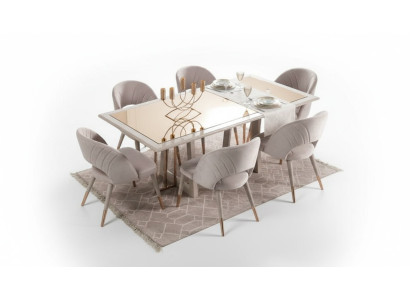 Muebles de comedor, conjunto de comedor de 7 piezas, mesa de comedor, sillas beige de madera.