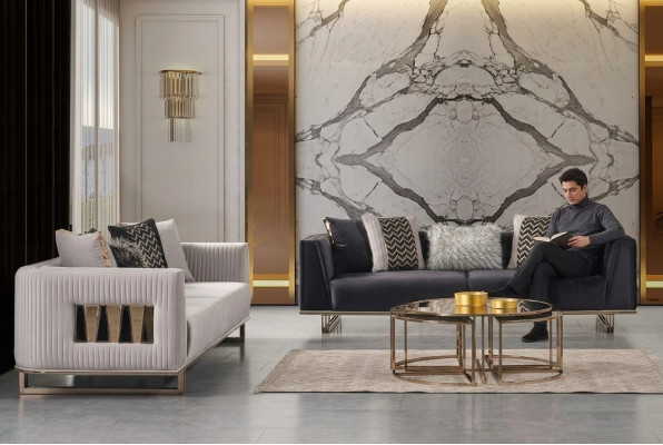 Conjunto de sofá moderno de tres plazas de tela en gris azul diseño de sofá, conjunto de 2 piezas.