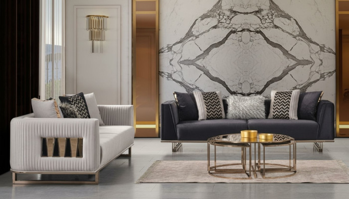 Conjunto de sofá moderno de tres plazas de tela en gris azul diseño de sofá, conjunto de 2 piezas.