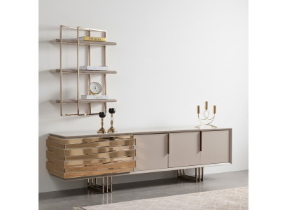 RTV Bajo Marrón TV Soporte Aparador Beige Oro Set de Sala de Estar Estantes Nuevo