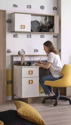 Conjunto de escritorio para habitación de niños, 2 piezas, estantería, computadora, madera blanca.