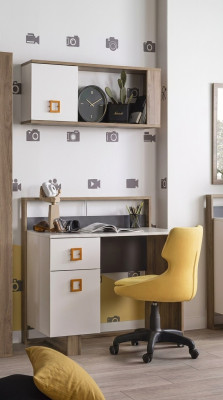Conjunto de escritorio para habitación de niños, 2 piezas, estantería, computadora, madera blanca.