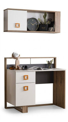 Conjunto de escritorio para habitación de niños, 2 piezas, estantería, computadora, madera blanca.