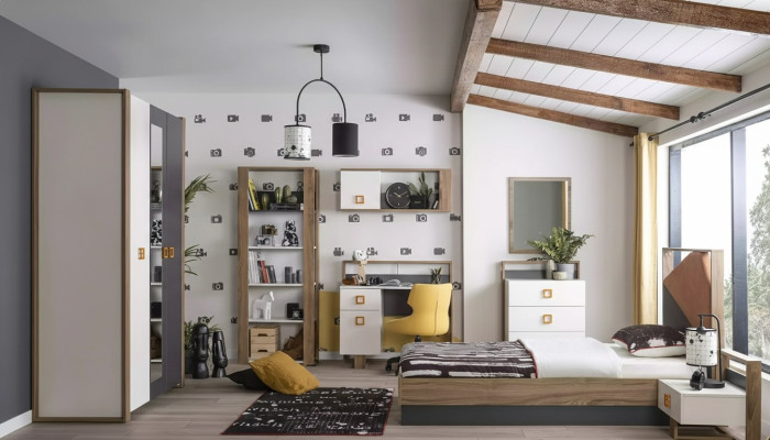 Conjunto de muebles para niños Cama infantil Habitación infantil Cama de madera Gris Set de 9 piezas
