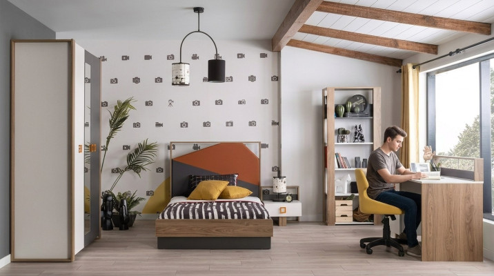 Estructura de cama, conjunto de habitación infantil, juego de cama, escritorio gris de 5 piezas de madera.