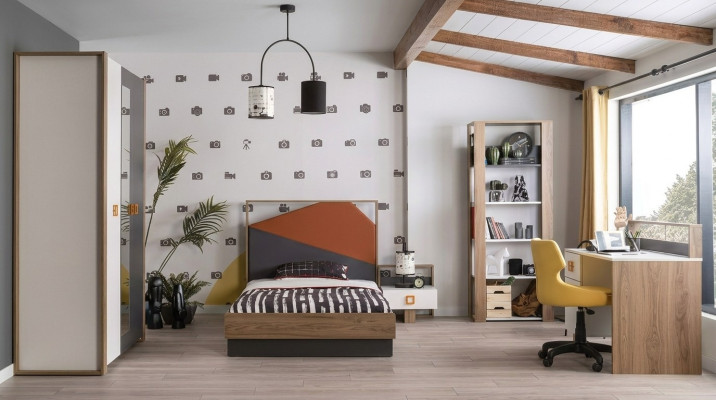 Estructura de cama, conjunto de habitación infantil, juego de cama, escritorio gris de 5 piezas de madera.