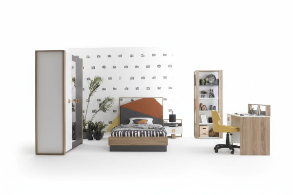 Estructura de cama, conjunto de habitación infantil, juego de cama, escritorio gris de 5 piezas de madera.