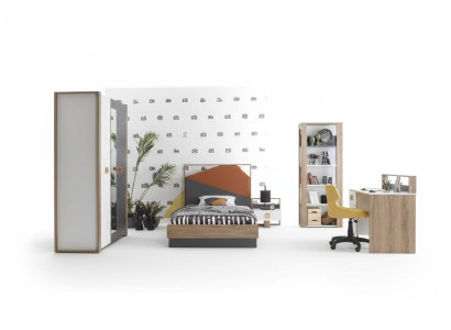 Estructura de cama, conjunto de habitación infantil, juego de cama, escritorio gris de 5 piezas de madera.